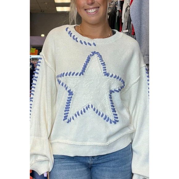 POL Cream with Blue Star Contrast Stitched Relaxed Fit  Sweater - Picture 11 of 13